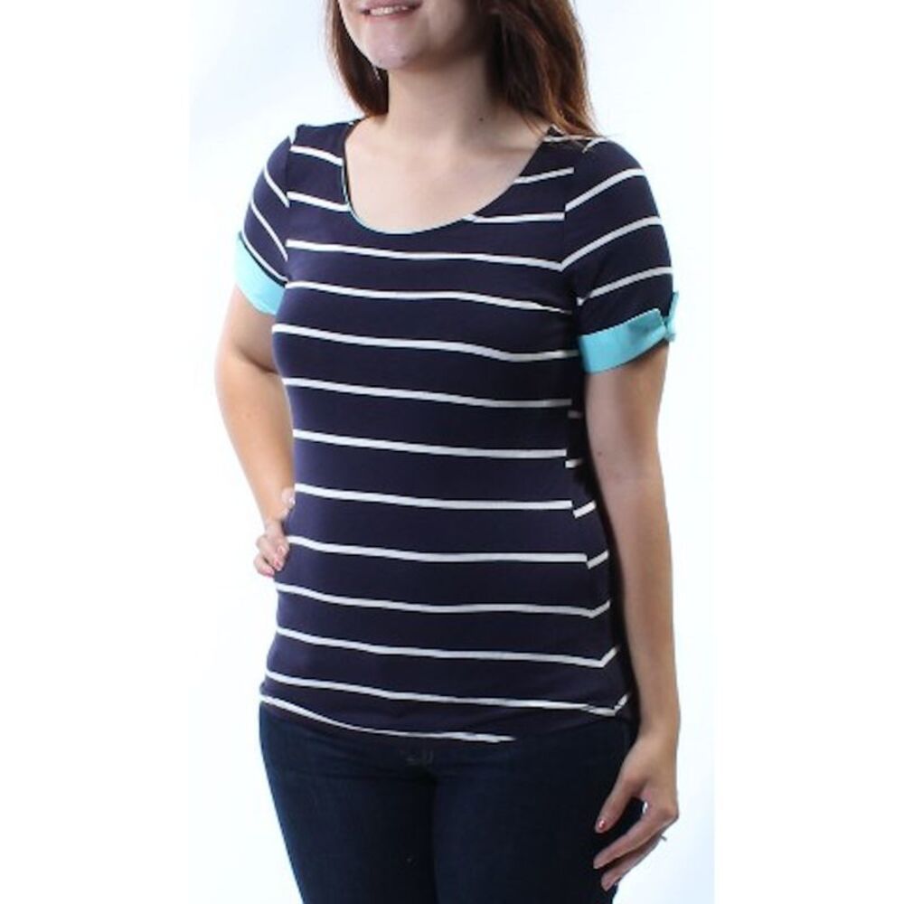 MON AMI Womens Navy White Striped Jewel Neck Cuffed Hi-Lo Top S